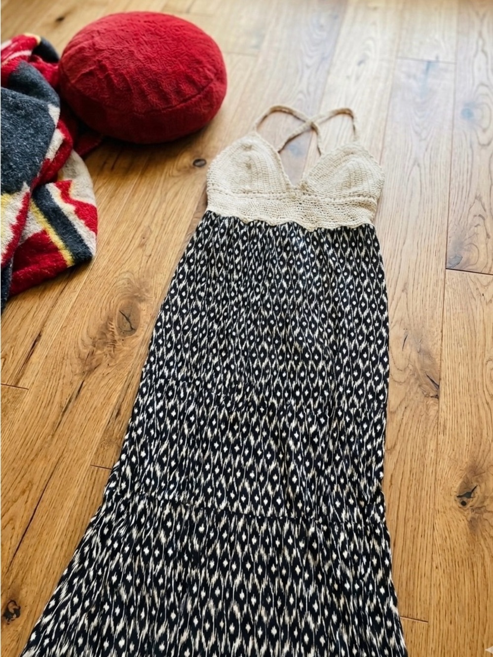 Surf Gypsy Crochet Halter Maxi Dress - Boho Ikat Print - Festival Chic - Size M